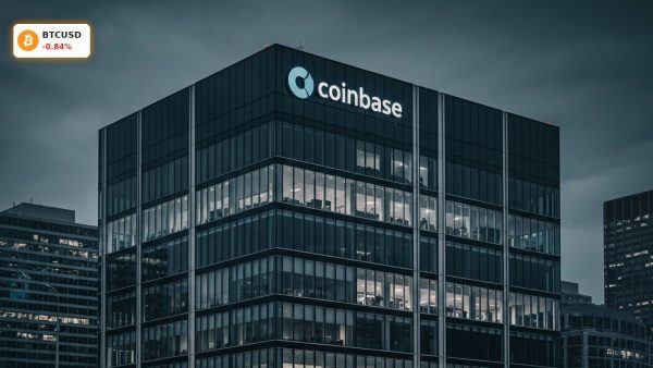 Coinbase headquarters at dusk representing shifts in Bitcoin ETF demand.