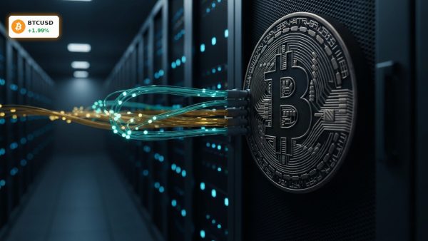 A high-tech data center with a glowing Bitcoin emblem and digital data streams representing the Bitcoin Market.