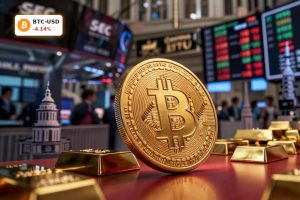 Bitcoin Market Analysis with ETF-driven trading, gold decoupling and regulatory shift visualized in a dramatic market scene