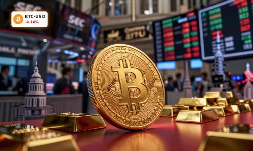 Bitcoin Market Analysis with ETF-driven trading, gold decoupling and regulatory shift visualized in a dramatic market scene