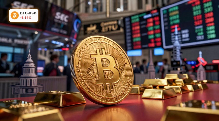 Bitcoin Market Analysis with ETF-driven trading, gold decoupling and regulatory shift visualized in a dramatic market scene