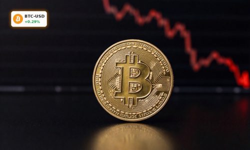 Physical bitcoin under dramatic red lighting symbolizing Bitcoin Price Plunge and renewed crypto market stress