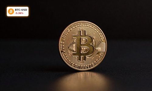 Bitcoin Crash concept with physical BTC coin on dark surface under red lighting after break below $70K