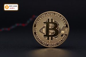 Bitcoin Market Analysis with physical BTC coin under dark lighting as crash warning sentiment weighs on price