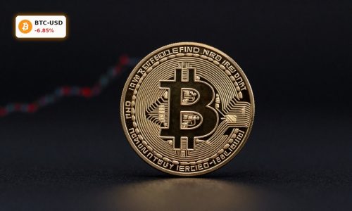 Bitcoin Market Analysis with physical BTC coin under dark lighting as crash warning sentiment weighs on price