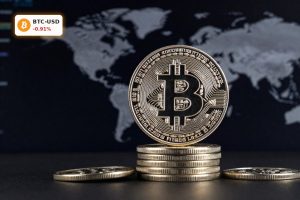 Bitcoin Market Analysis concept with premium Bitcoin coin stack and subtle market backdrop