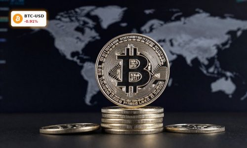 Bitcoin Market Analysis concept with premium Bitcoin coin stack and subtle market backdrop