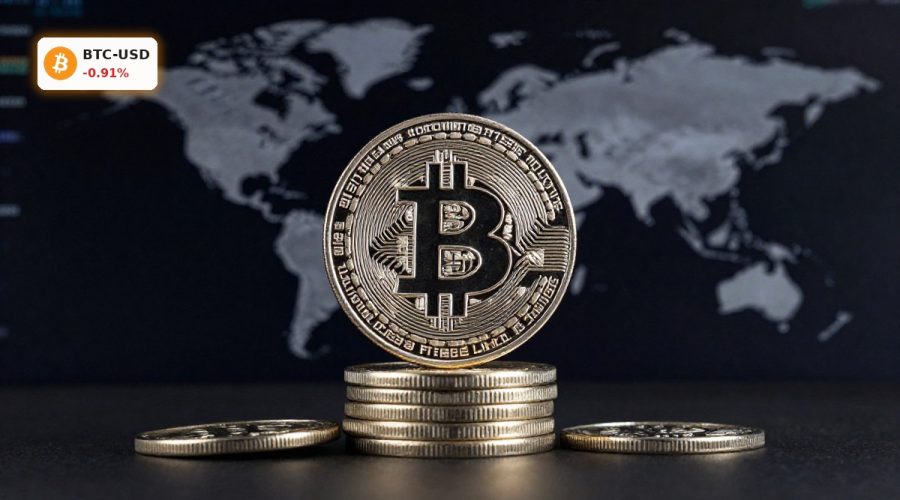 Bitcoin Market Analysis concept with premium Bitcoin coin stack and subtle market backdrop