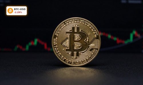 Bitcoin Market Analysis with BTC coin in dramatic lighting amid volatile market mood