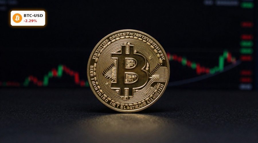 Bitcoin Market Analysis with BTC coin in dramatic lighting amid volatile market mood