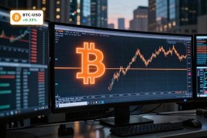 Bitcoin Market Analysis with BTC testing resistance near $75k on institutional trading screens.
