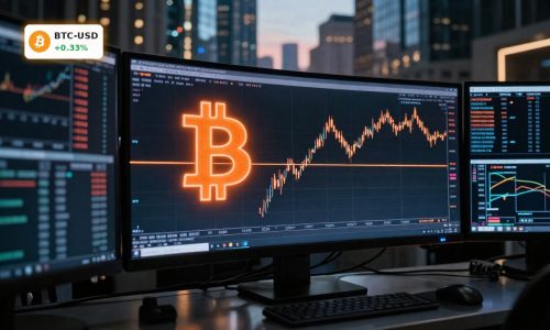 Bitcoin Market Analysis with BTC testing resistance near $75k on institutional trading screens.