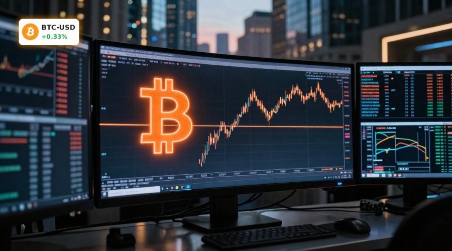 Bitcoin Market Analysis with BTC testing resistance near $75k on institutional trading screens.