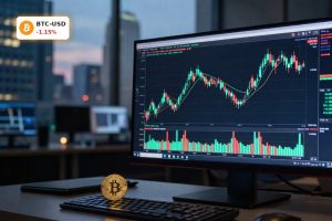 Bitcoin Market Analysis with institutional trading desk and price chart in Wall Street setting