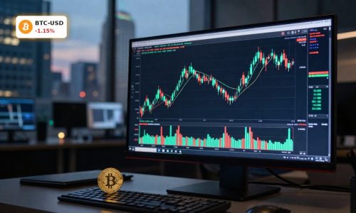 Bitcoin Market Analysis with institutional trading desk and price chart in Wall Street setting