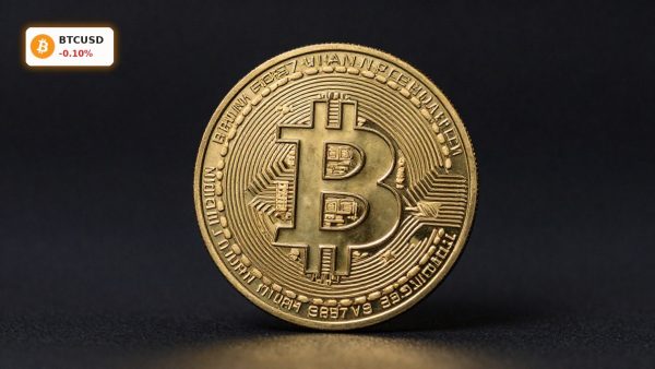 Bitcoin Market Analysis with physical BTC coin on dark background as BOJ tightening and institutional demand shape outlook