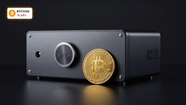 Bitcoin Regulation concept with Bitcoin coin and institutional crypto custody device on dark background