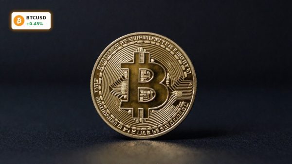 Bitcoin Plunge concept with physical BTC coin on dark background as price holds near $59,715
