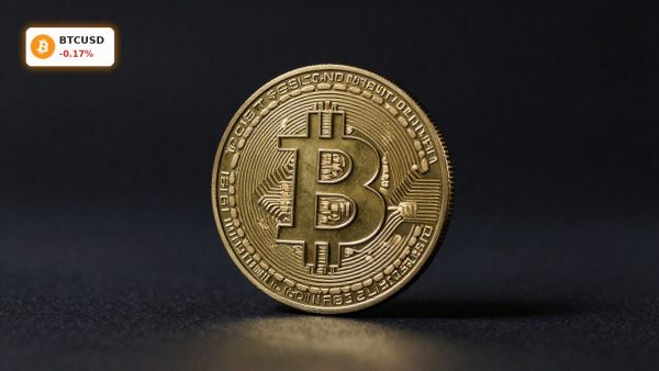 Bitcoin ETF Outflows highlighted by a physical Bitcoin coin on dark background amid institutional market caution