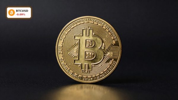 Bitcoin Market Analysis with gold BTC coin on dark background amid ETF outflow and whale accumulation focus