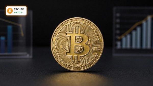 Bitcoin Market Analysis with physical BTC coin on dark background reflecting ETF outflow and whale accumulation theme