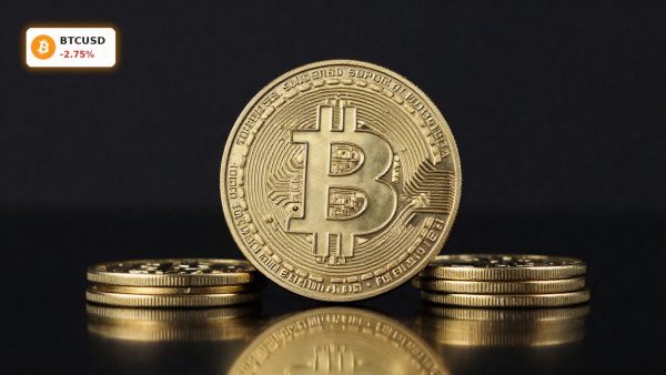 Bitcoin Market Analysis with physical BTC coin highlighting key $60K support and institutional trading focus