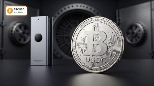 Bitcoin Stablecoin concept with USDC coin and institutional custody hardware under dark cinematic lighting