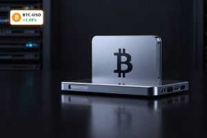 Bitcoin Governance concept with premium hardware wallet and blockchain server backdrop