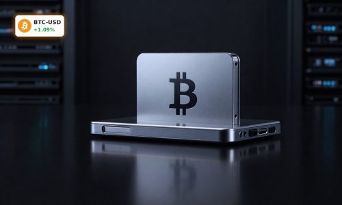 Bitcoin Governance concept with premium hardware wallet and blockchain server backdrop