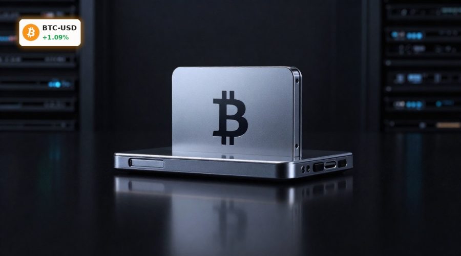 Bitcoin Governance concept with premium hardware wallet and blockchain server backdrop
