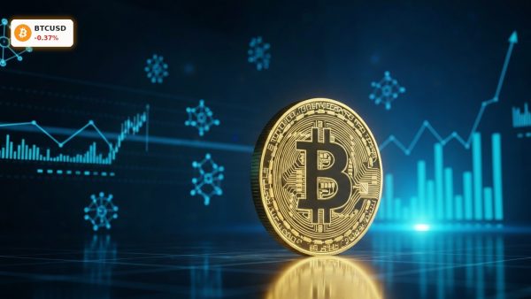 A glowing Bitcoin coin on a digital server network, illustrating the bullish Bitcoin Forecast.