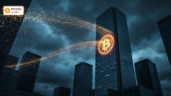 Storm clouds over a financial district with a glowing Bitcoin Market symbol, representing ETF outflows.