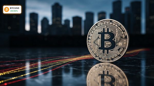 Bitcoin Market Analysis showing a metallic BTC coin on a dark reflective surface with glowing red market outflow lines.