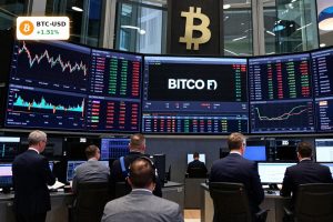 Bitcoin Market Analysis with traders tracking BTCUSD volatility and ETF flows on a corporate trading floor