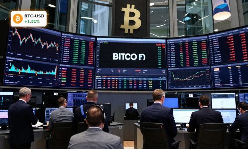 Bitcoin Market Analysis with traders tracking BTCUSD volatility and ETF flows on a corporate trading floor