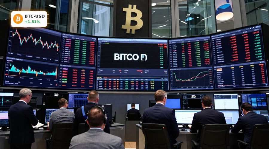 Bitcoin Market Analysis with traders tracking BTCUSD volatility and ETF flows on a corporate trading floor