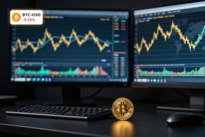 Bitcoin Market Analysis with sideways BTCUSD chart on trading screens in a professional market setting.