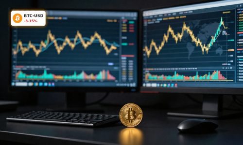 Bitcoin Market Analysis with sideways BTCUSD chart on trading screens in a professional market setting.