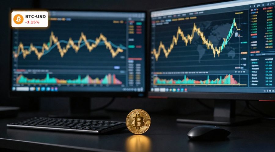 Bitcoin Market Analysis with sideways BTCUSD chart on trading screens in a professional market setting.