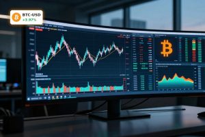 Bitcoin Market Analysis with BTCUSD candlestick chart and ETF flow visuals on an institutional trading desk