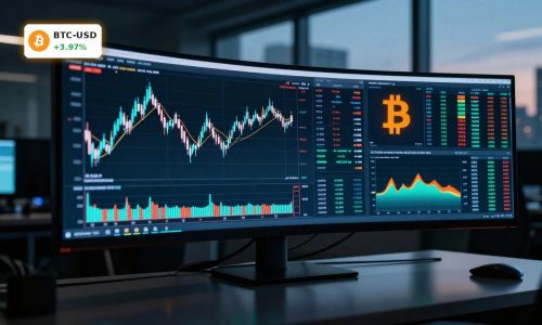 Bitcoin Market Analysis with BTCUSD candlestick chart and ETF flow visuals on an institutional trading desk