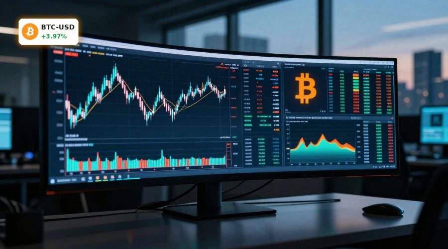 Bitcoin Market Analysis with BTCUSD candlestick chart and ETF flow visuals on an institutional trading desk