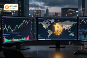 Bitcoin Market Analysis chart on trading screens with global macro and geopolitical risk backdrop.