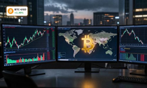 Bitcoin Market Analysis chart on trading screens with global macro and geopolitical risk backdrop.