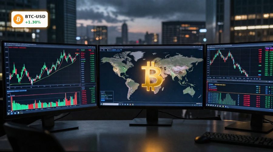 Bitcoin Market Analysis chart on trading screens with global macro and geopolitical risk backdrop.