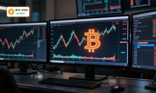 Bitcoin Market Analysis with BTC price near $79k and tightening volatility bands on institutional trading screens.