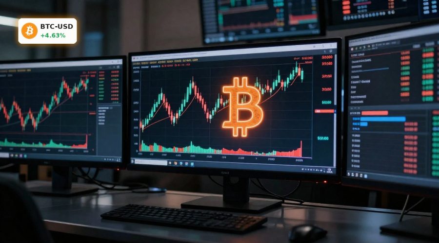 Bitcoin Market Analysis with BTC price near $79k and tightening volatility bands on institutional trading screens.