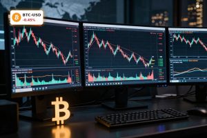 Bitcoin Market Analysis with BTC price consolidation after 52% crash and derivatives-driven short squeeze setup visualized on trading screens
