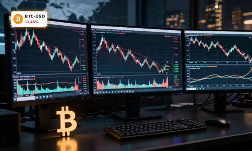 Bitcoin Market Analysis with BTC price consolidation after 52% crash and derivatives-driven short squeeze setup visualized on trading screens