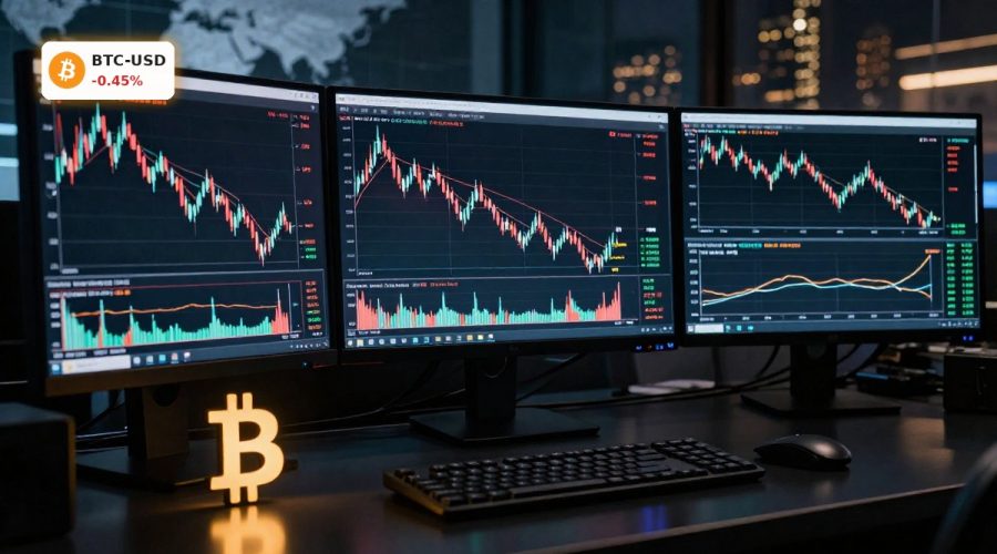 Bitcoin Market Analysis with BTC price consolidation after 52% crash and derivatives-driven short squeeze setup visualized on trading screens